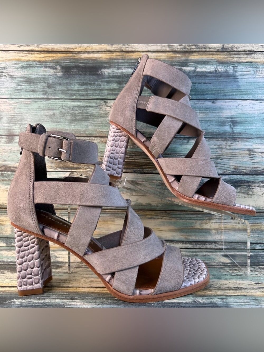 Donald Pliner Izze Caged Sandal Womens Sz 6.5M Taupe Suede Formal Heel Zip Up.